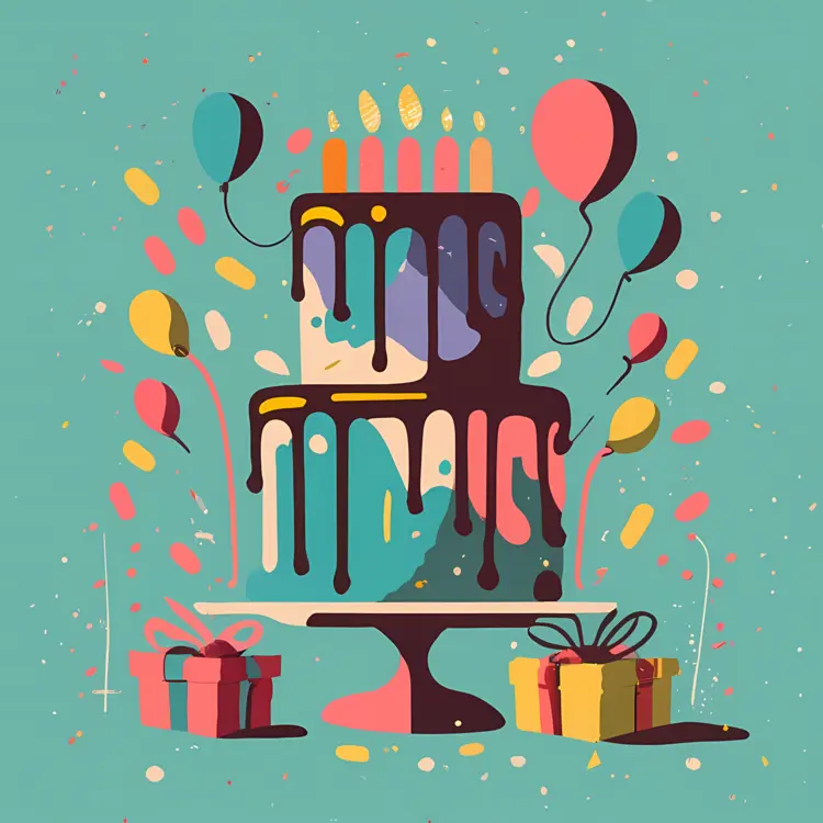 Dripping Birthday Cake with Balloons and Gifts