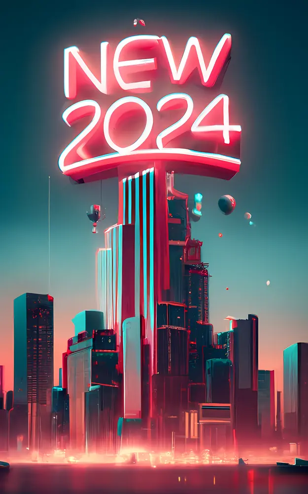 New 2024 Neon Sign Over Cityscape