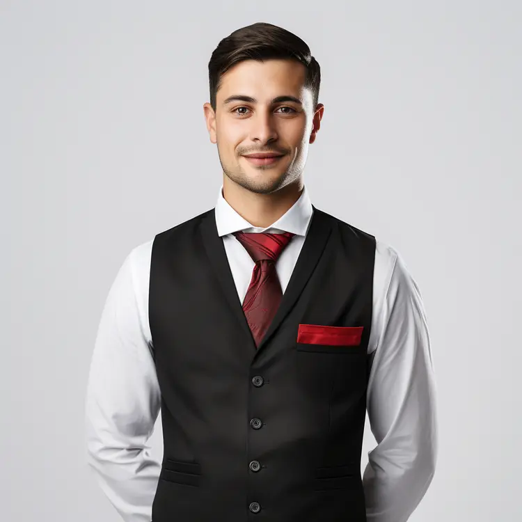 Waiter in Black Vest with Red Tie