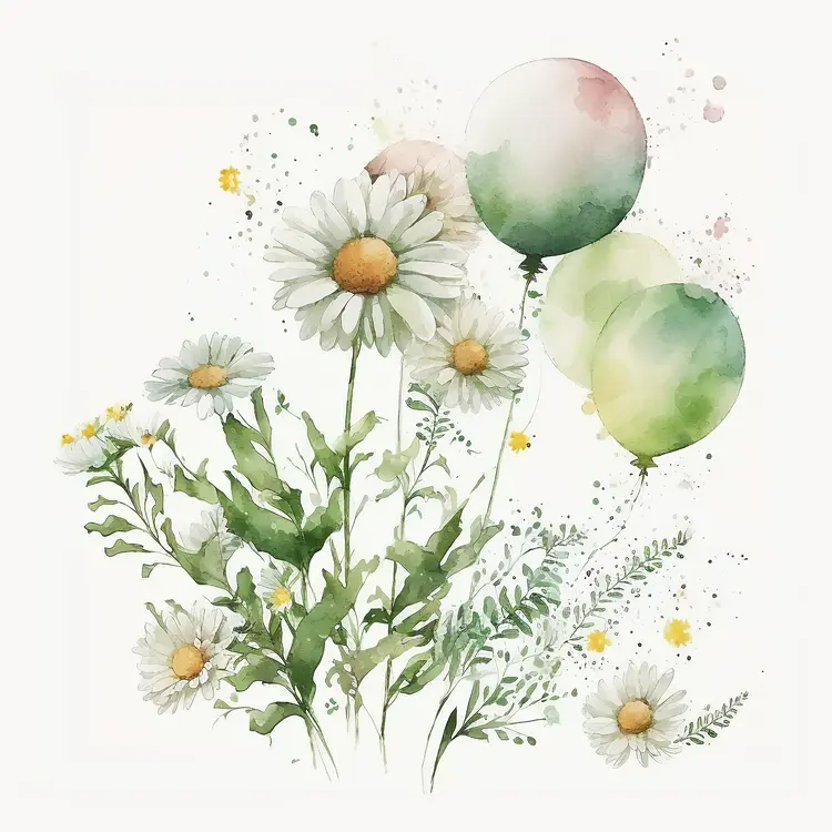 Watercolor Daisy with Balloons