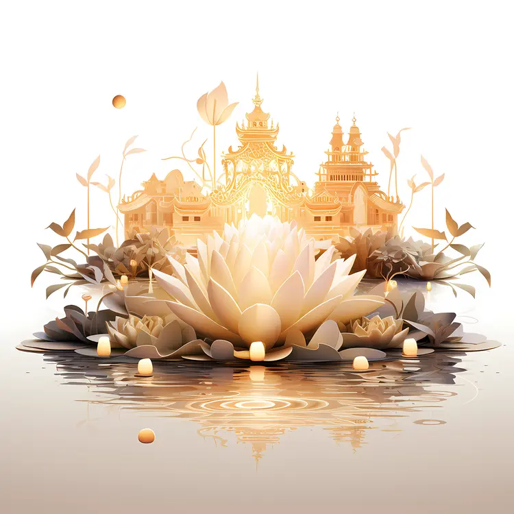 Temple with Lotus Candles and Reflection