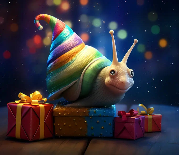 Snail with Rainbow Hat and Holiday Gifts