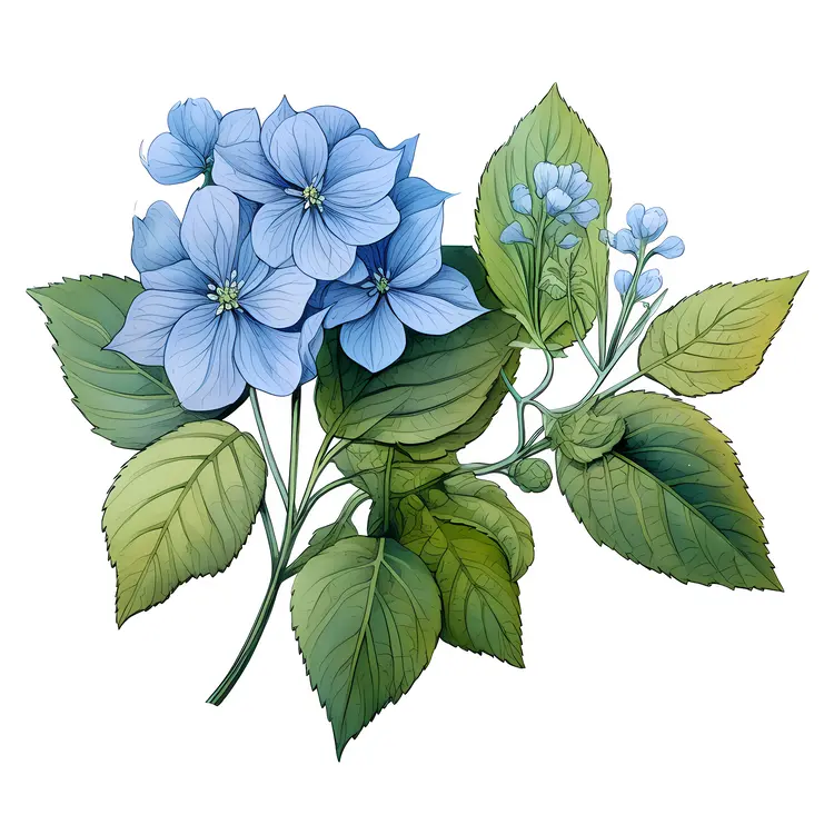 Beautiful Blue Hydrangea with Green Leaves