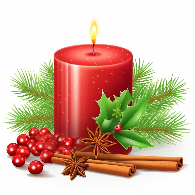 Red Candle with Holly and Cinnamon for Christmas