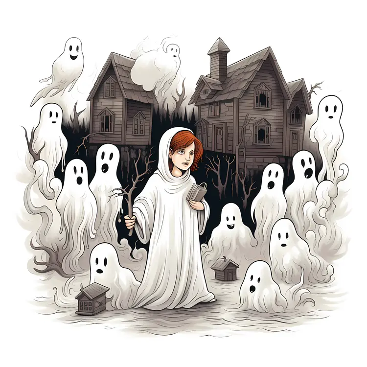 Child Surrounded by Ghosts Near Haunted House