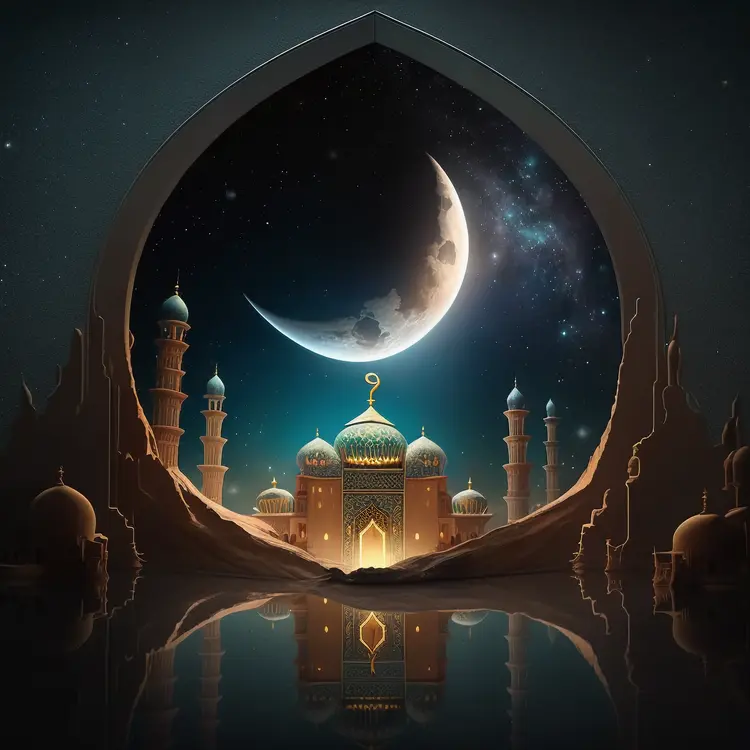 Beautiful Mosque Under Crescent Moon at Night