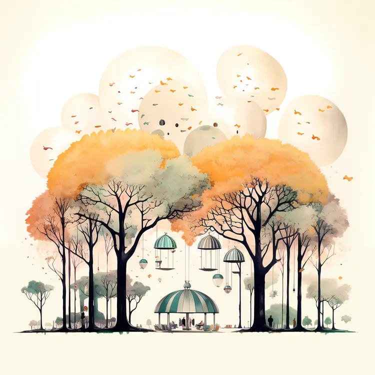 Trees with Floating Balloons in a Park