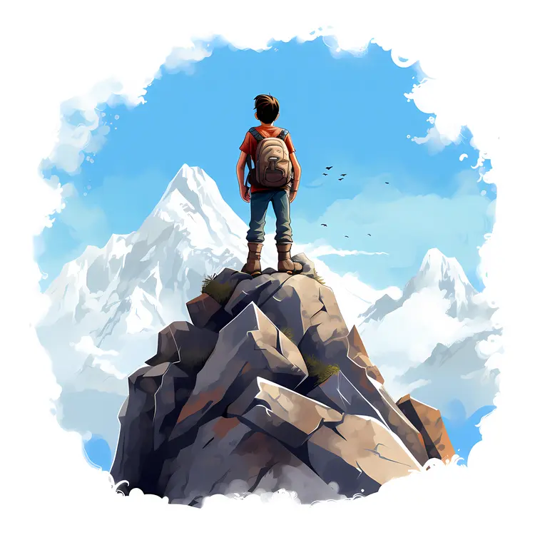 Boy with Backpack on Mountain Top