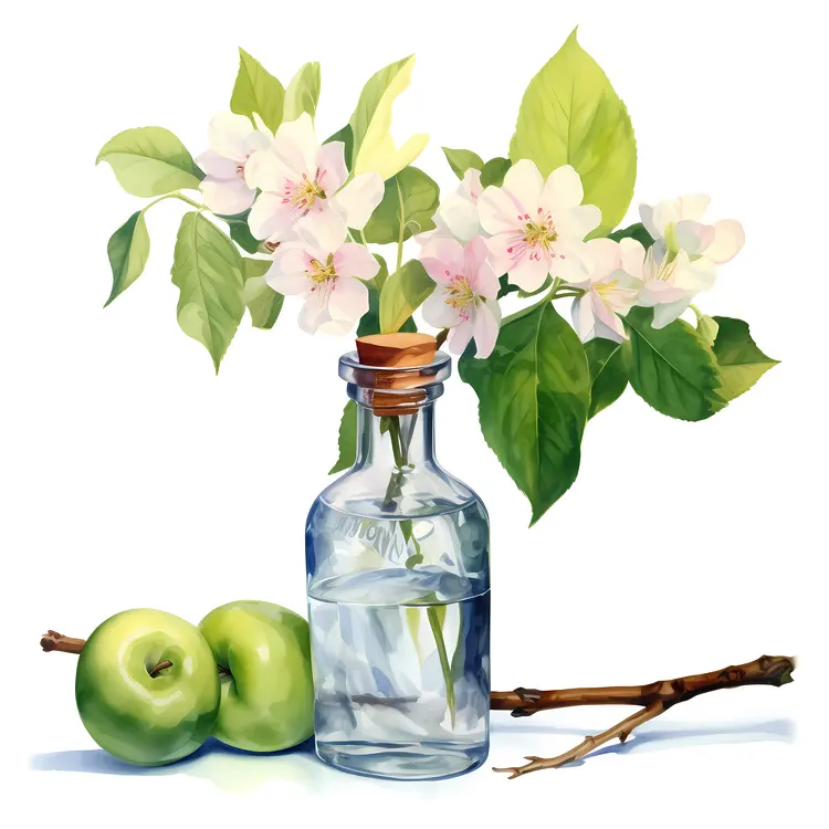 Pink Flowers in Glass Bottle with Two Green Apples