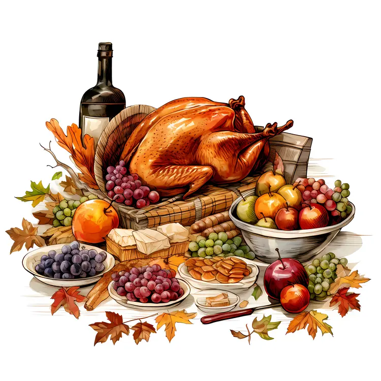 Thanksgiving Feast with Roast Turkey and Fruits