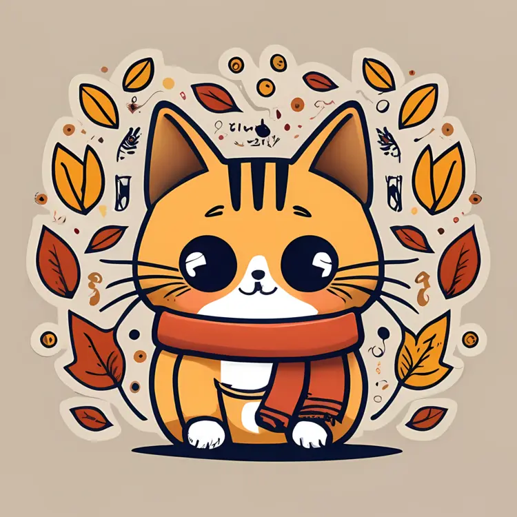 Cute Cat with Scarf and Leaves