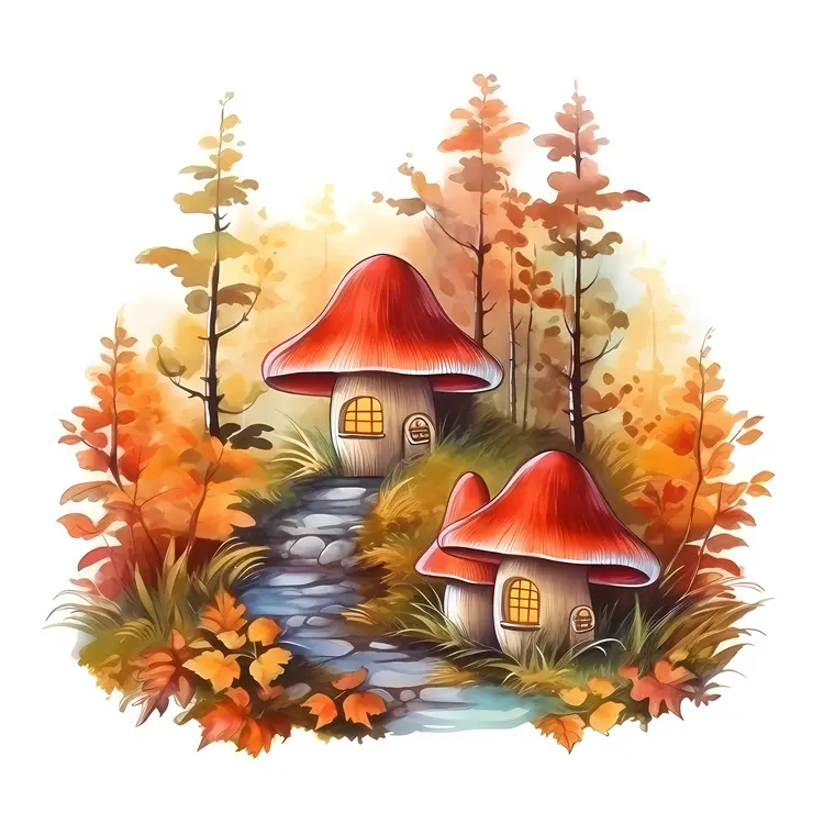 Small cute mushroom house with autumn leaves