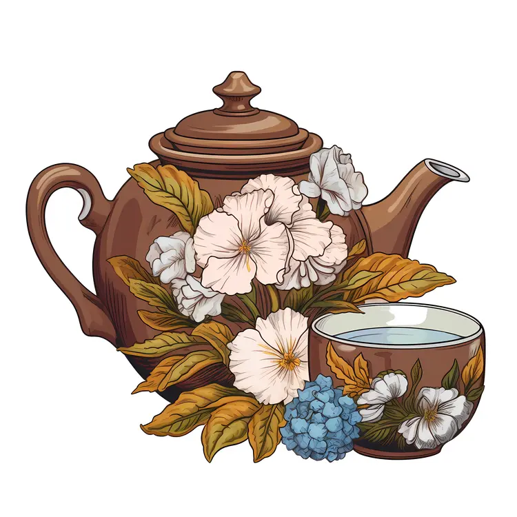 Floral Teapot and Cup Illustration
