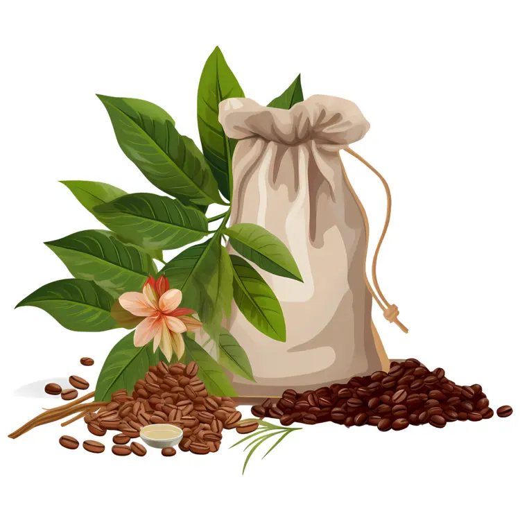Bag of Coffee Beans with Leaves and Flower