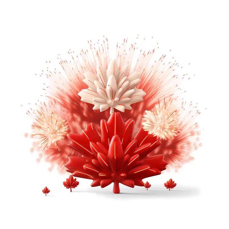 Maple Leaf with Red and White Fireworks