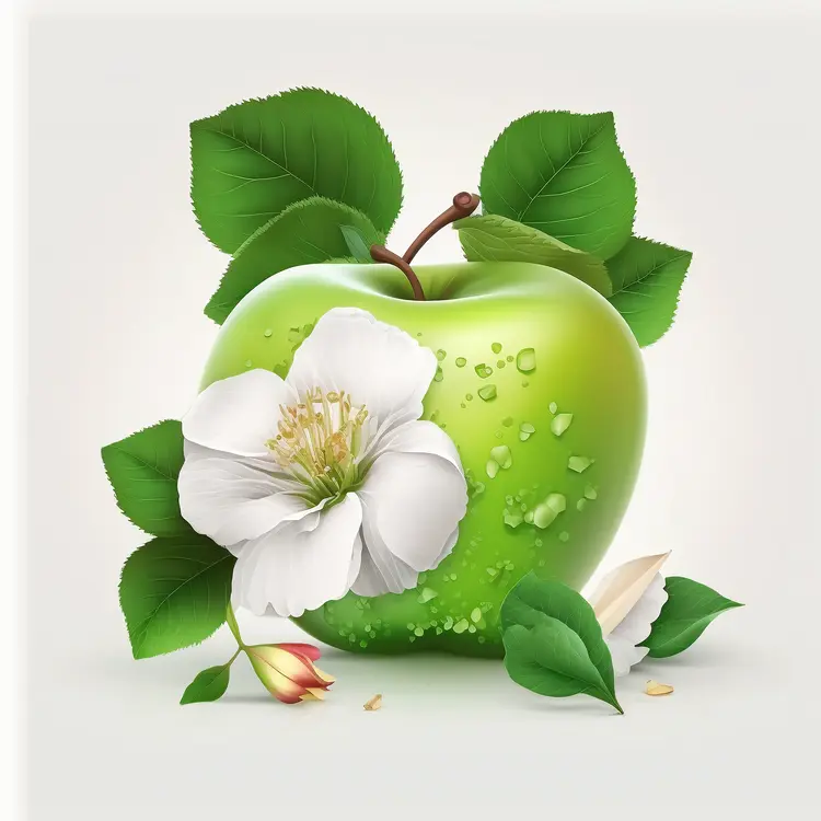 Fresh Green Apple with Leaves and Flower