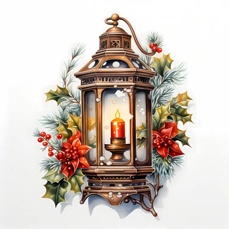 Bronze Lantern with Candle and Christmas Decorations