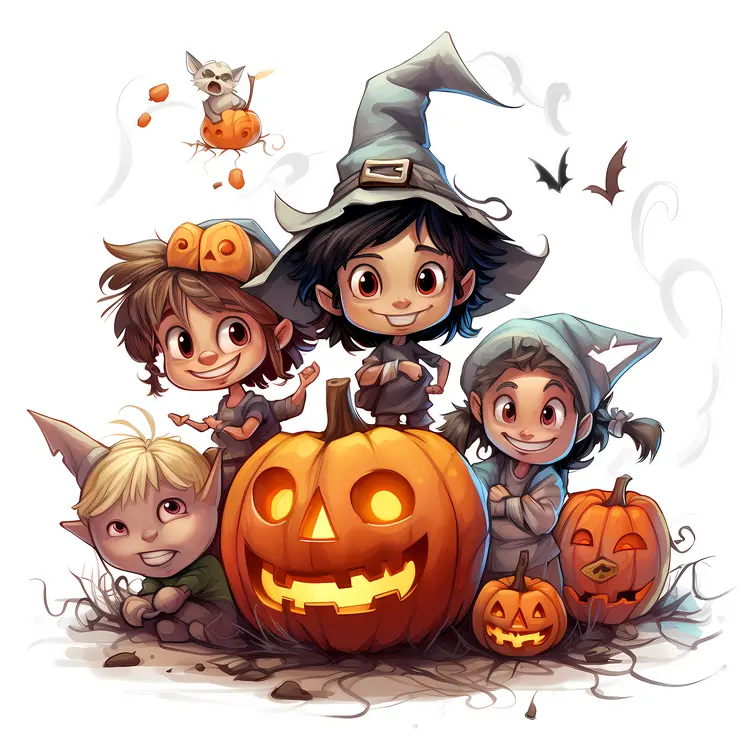 Children with Pumpkin and Halloween Decorations