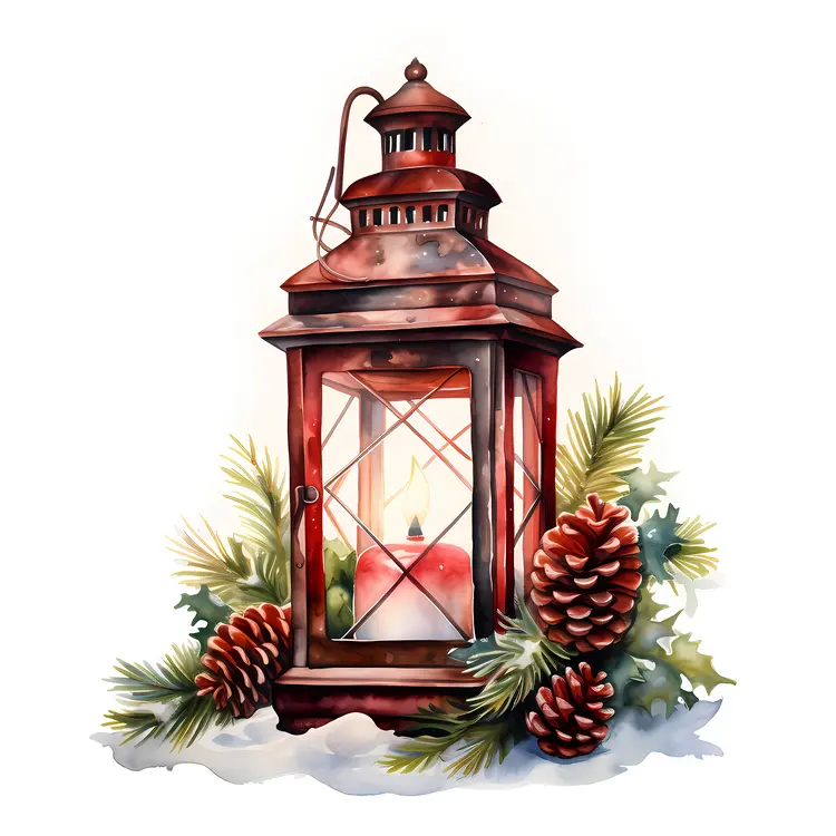 Red Lantern with Pinecones and Pine Branches