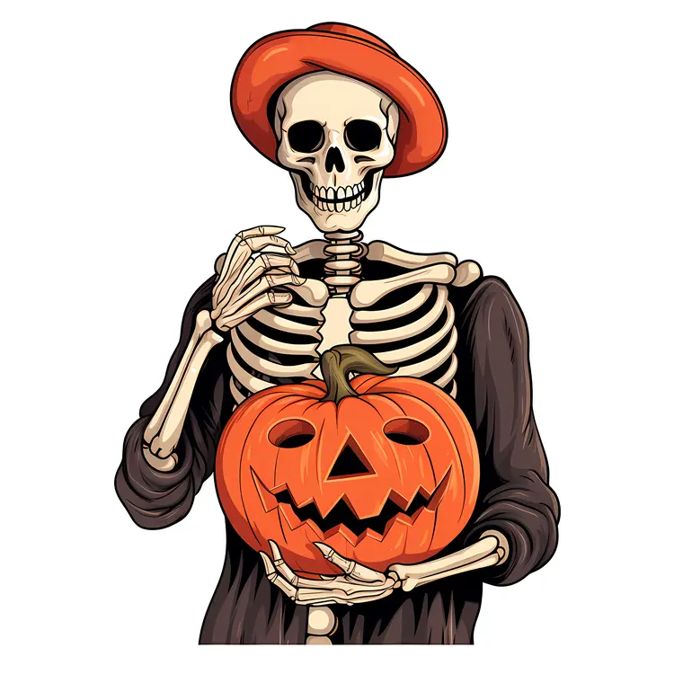 Skeleton with Hat Holding a Pumpkin