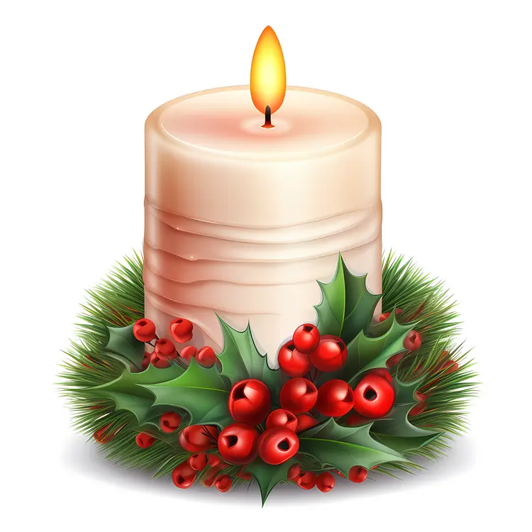Christmas Candle with Holly and Berries
