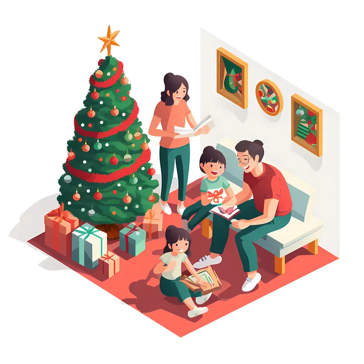Family Opening Gifts by the Christmas Tree