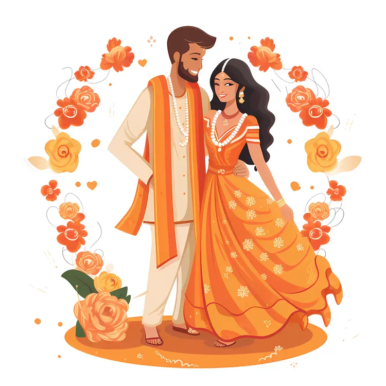 Indian Couple in Traditional Wedding Attire with Floral Background