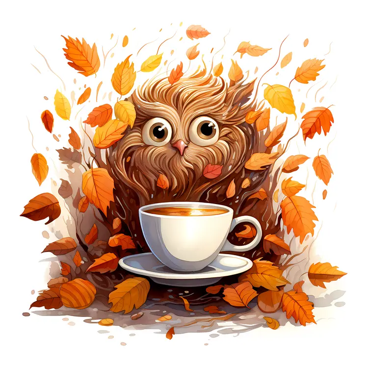 Cup of Coffee with Autumn Leaves and Owl
