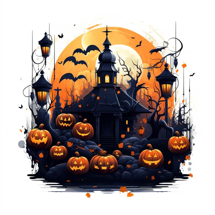 Haunted House with Pumpkins for Halloween