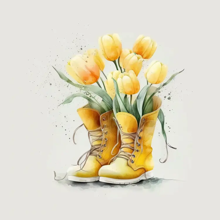 Yellow Boots with Tulips Illustration
