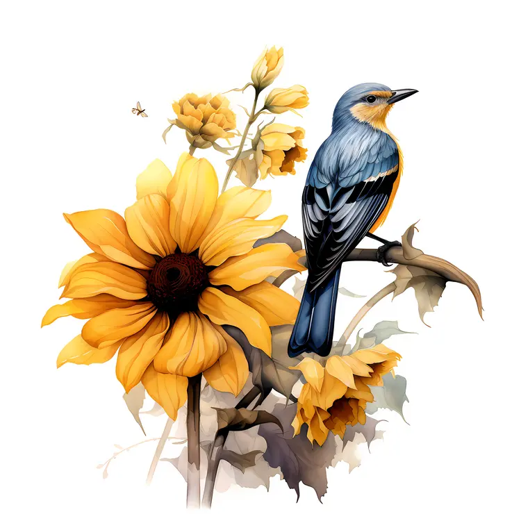 Blue Bird and Sunflowers in Nature Illustration