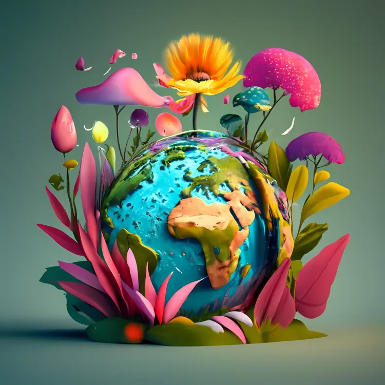 Earth with Flowers and Nature Elements