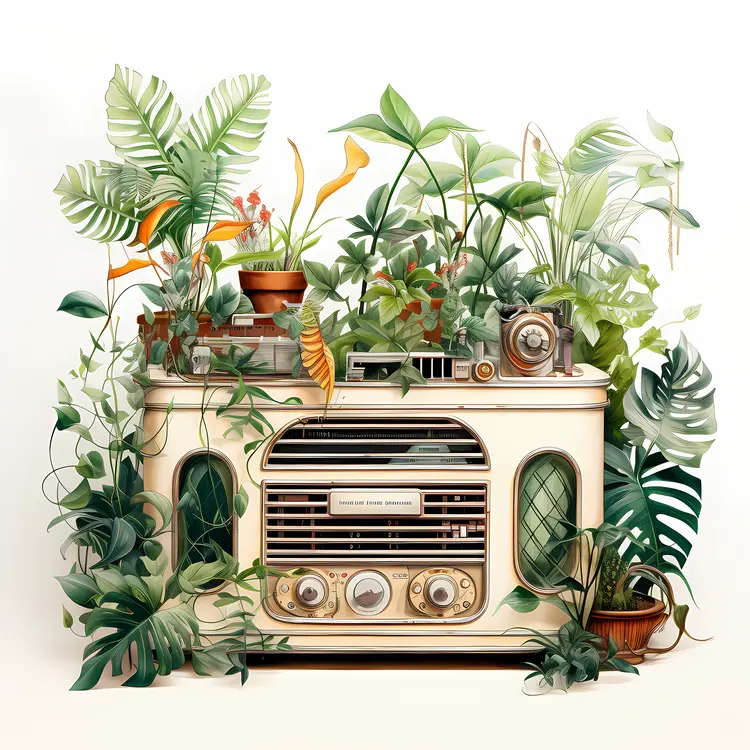 Vintage Radio Surrounded by Lush Green Plants