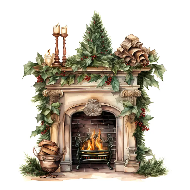 Elegant Christmas Fireplace with Tree and Candles