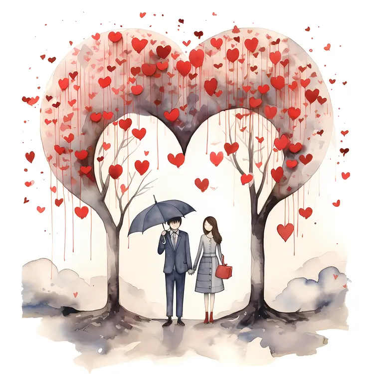 Couple under Heart Trees Illustration