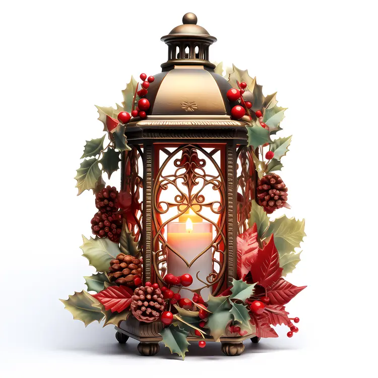 Lantern with Pinecones and Holly for Christmas