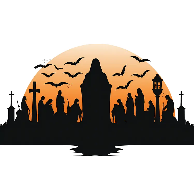 Monks in Procession with Crosses and Bats at Sunset