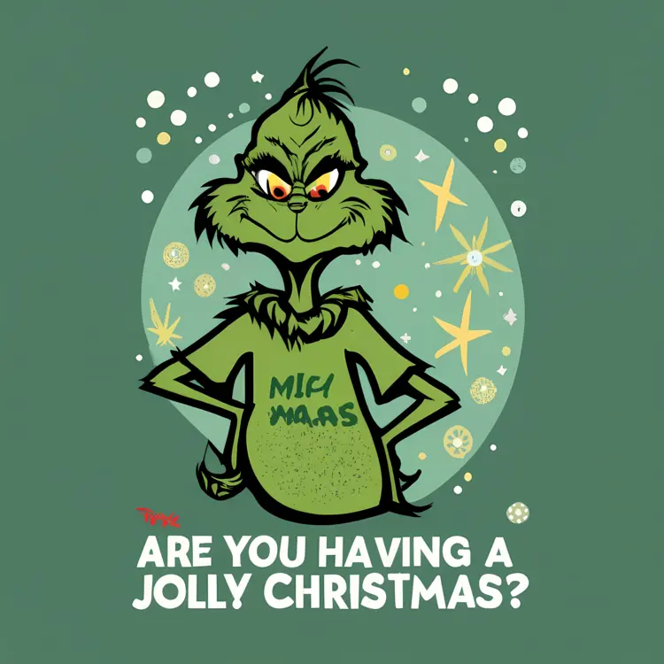 Grinch in Green Shirt with 'Jolly Christmas' Text
