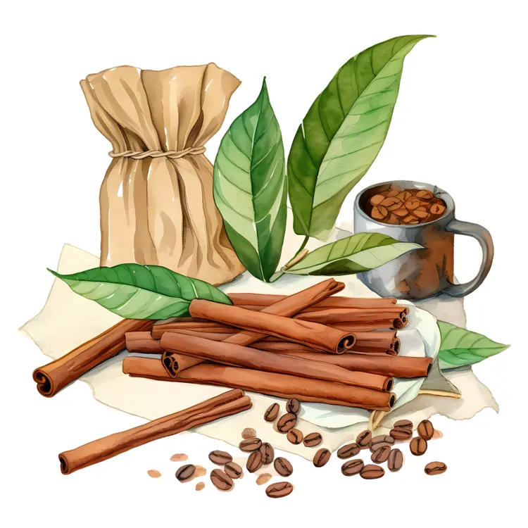Cinnamon Sticks and Coffee Beans with Leaves