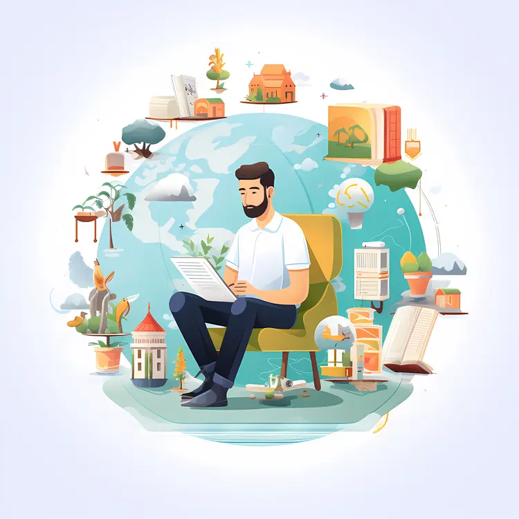 Man Reading with Books and Globe