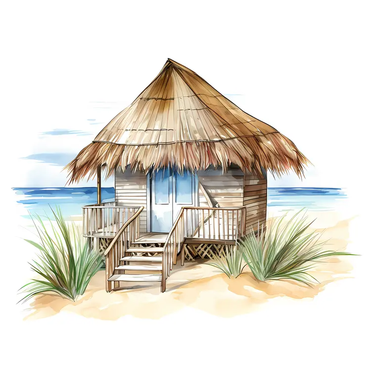Small cute beach hut with thatched roof and stairs