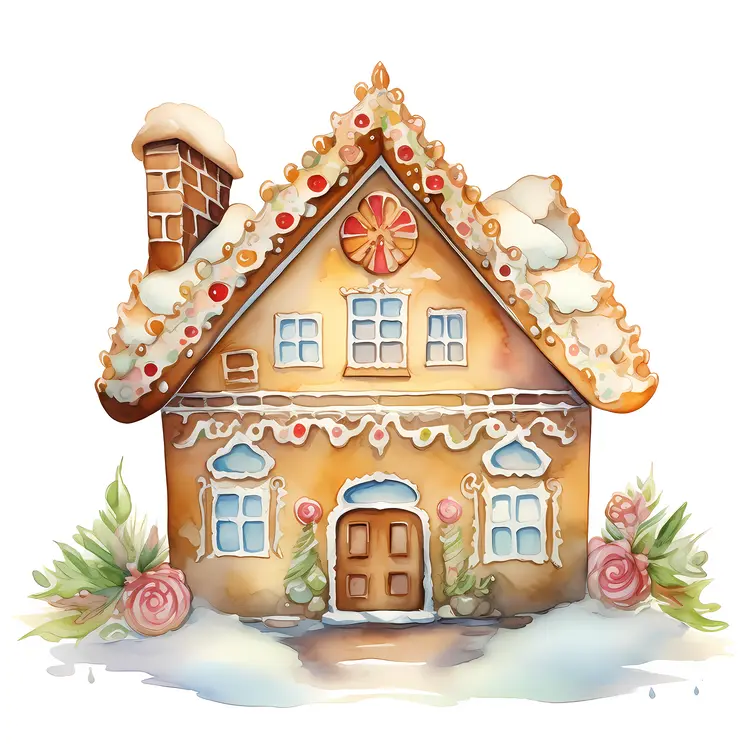 Gingerbread House with Snow and Floral Decorations