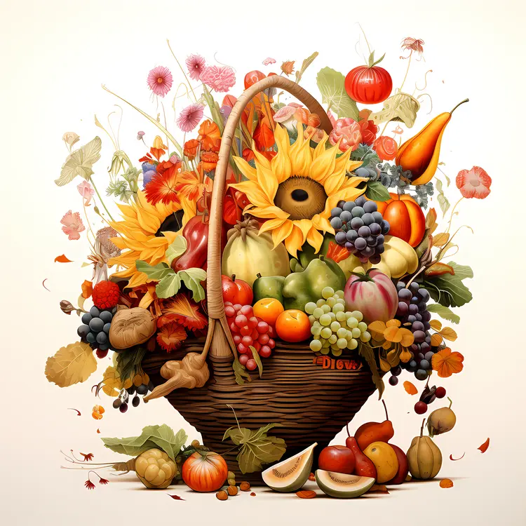 Autumn Harvest Fruit Basket with Grapes and Sunflowers