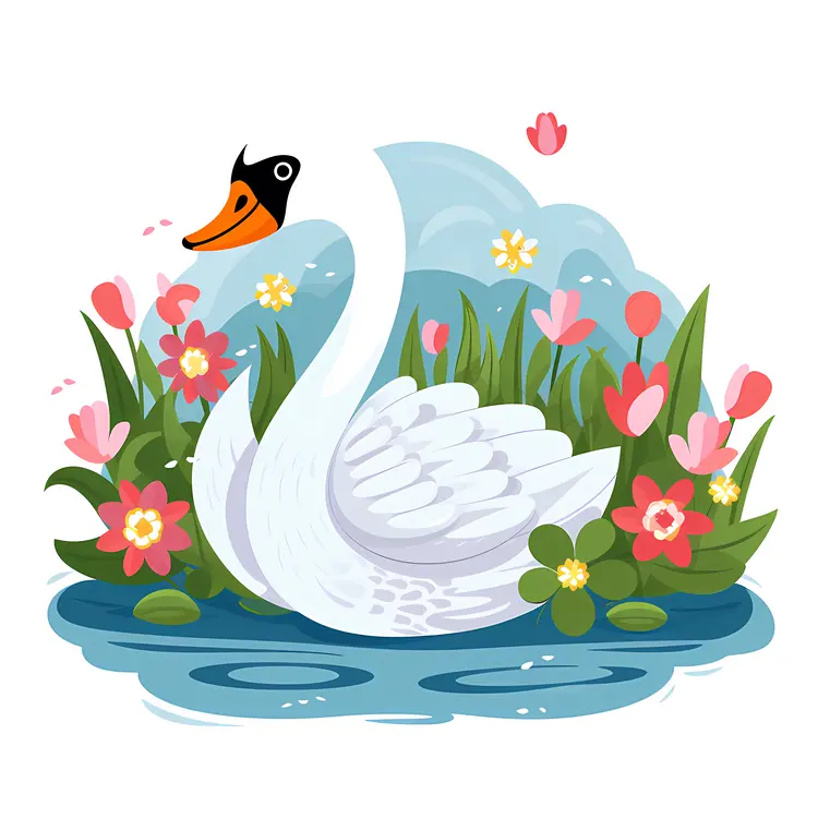 Swan Surrounded by Colorful Flowers