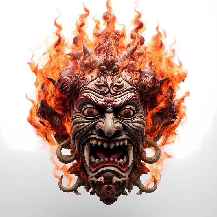 Fiery Demon Head with Large Fangs
