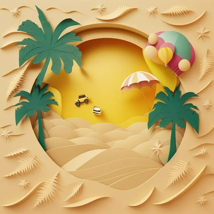 Palm Trees and Desert Adventure in Paper Art Style