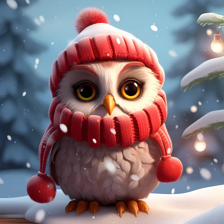 Cute Owl in Red Winter Hat in Snowy Scene