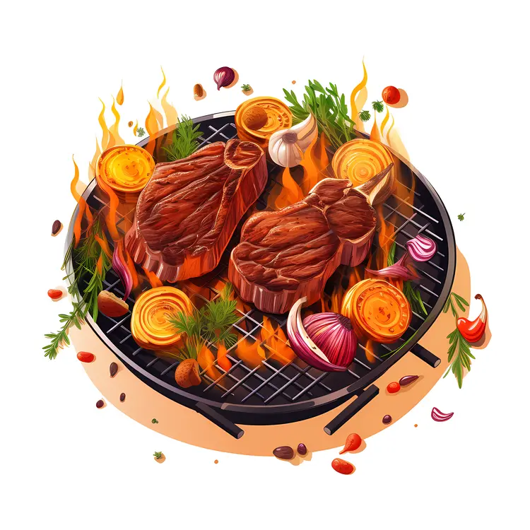 Grilled Steaks on Barbecue with Flames