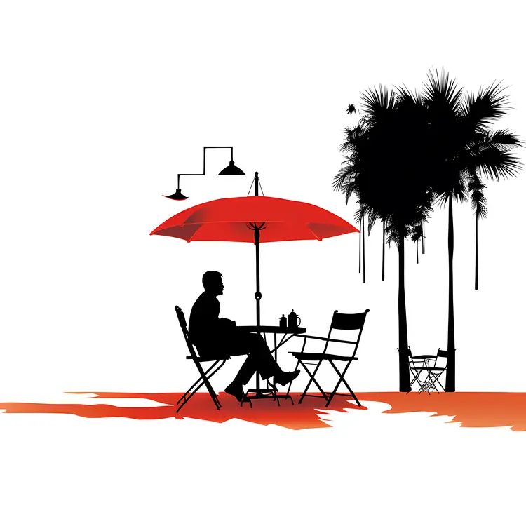 Man Dining Outdoors Under a Red Umbrella