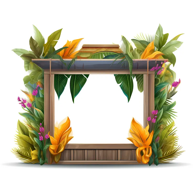 Tropical Wooden Frame with Colorful Flowers and Leaves